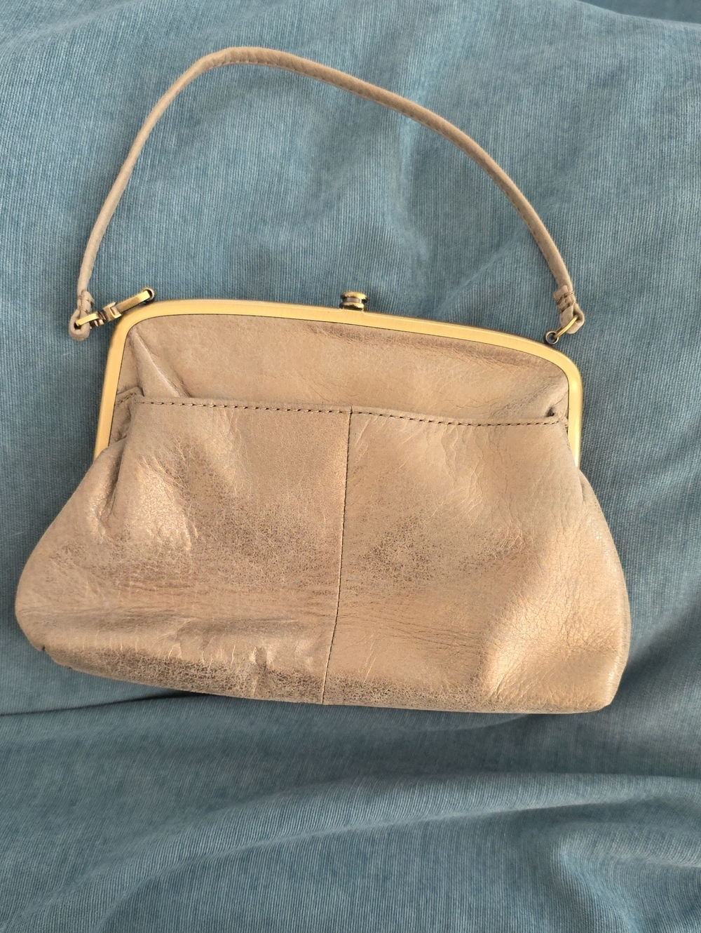 HOBO Metallic Beige Leather Frame Clutch with Gold Hardware